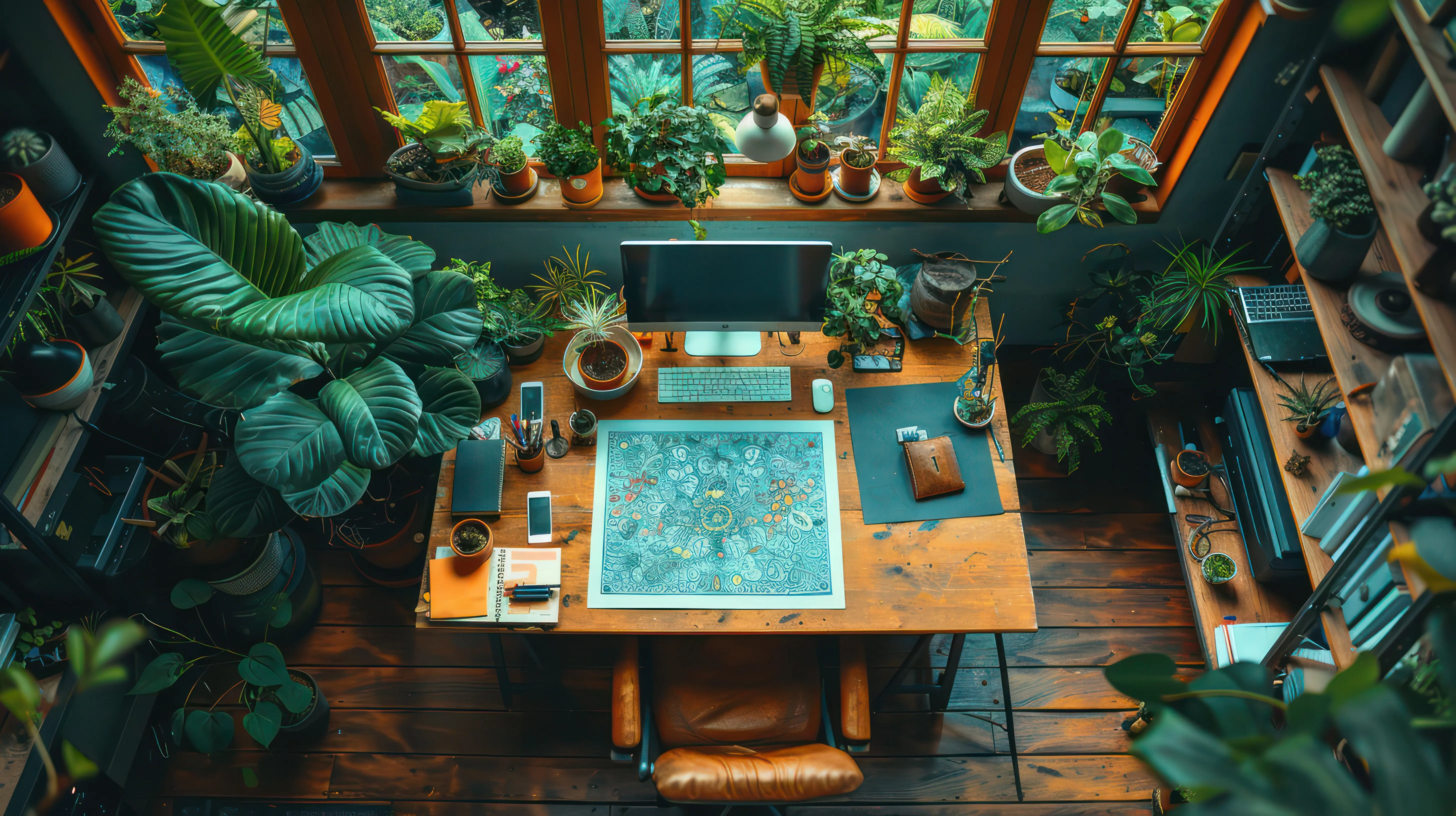 A small office containing a desk and chair, a computer monitor, and a keyboard.