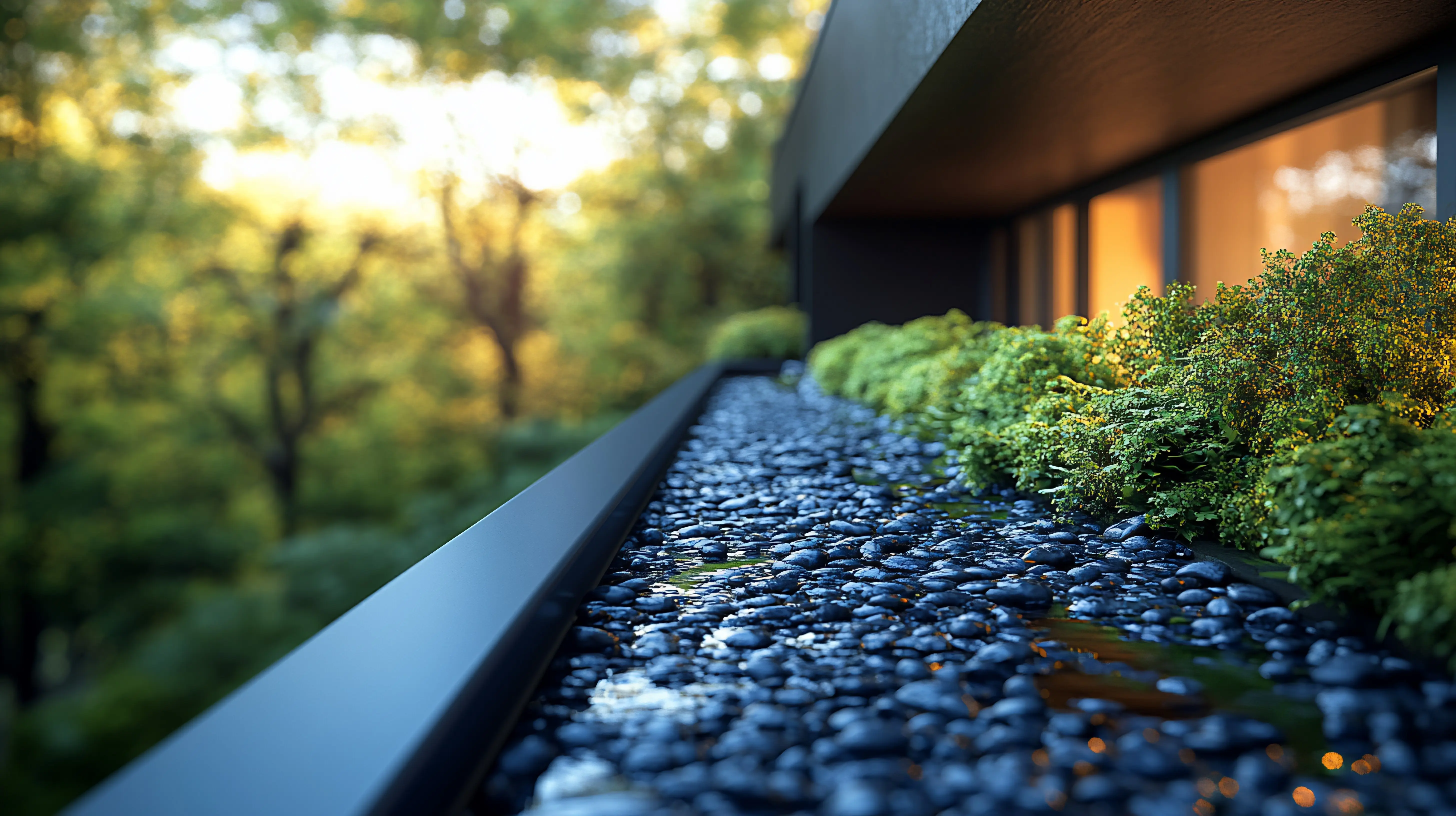Contemporary Zen garden design with serene pebbles and lush greenery.