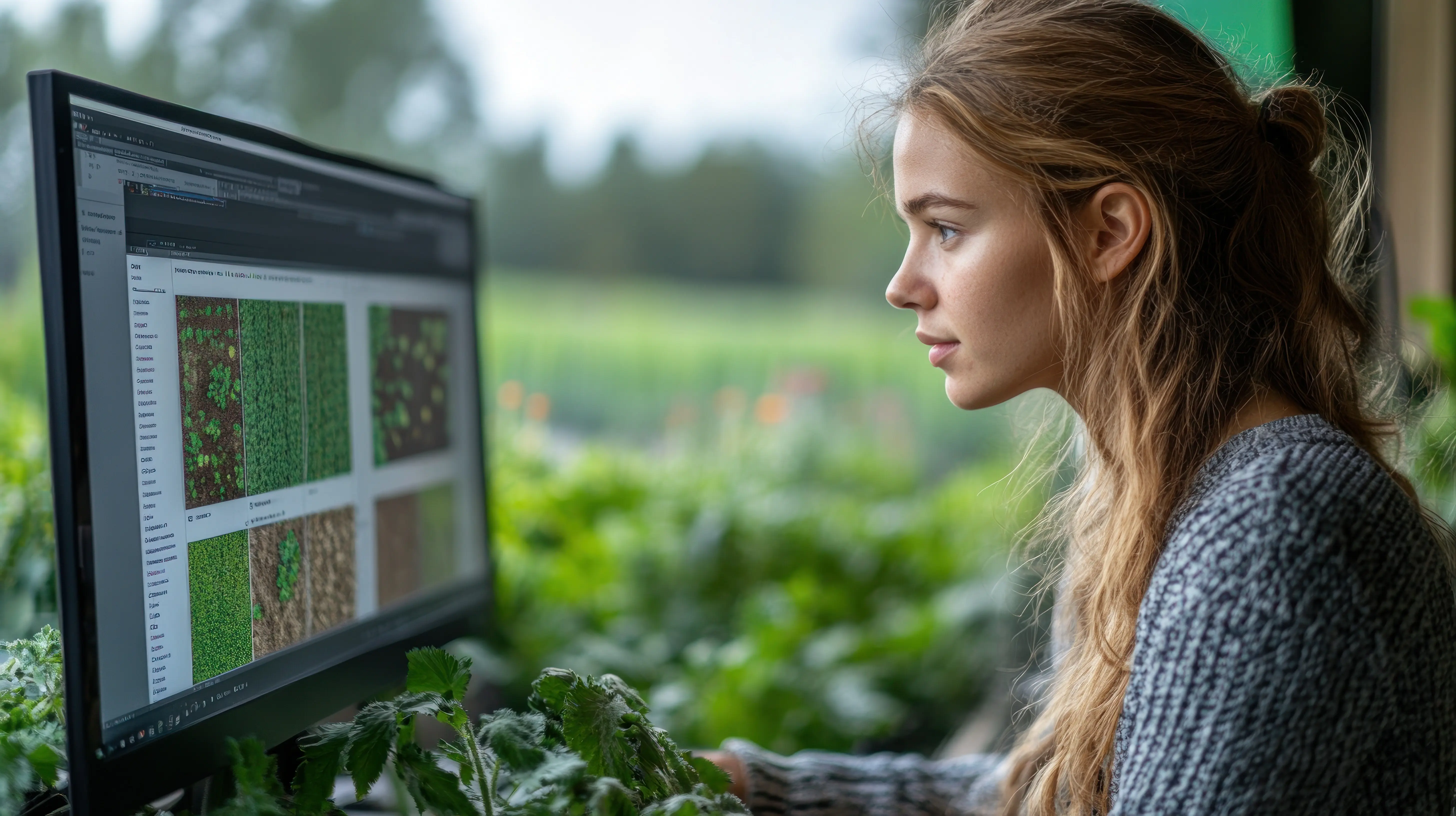 A woman working at a computer with natural scenery in the background.