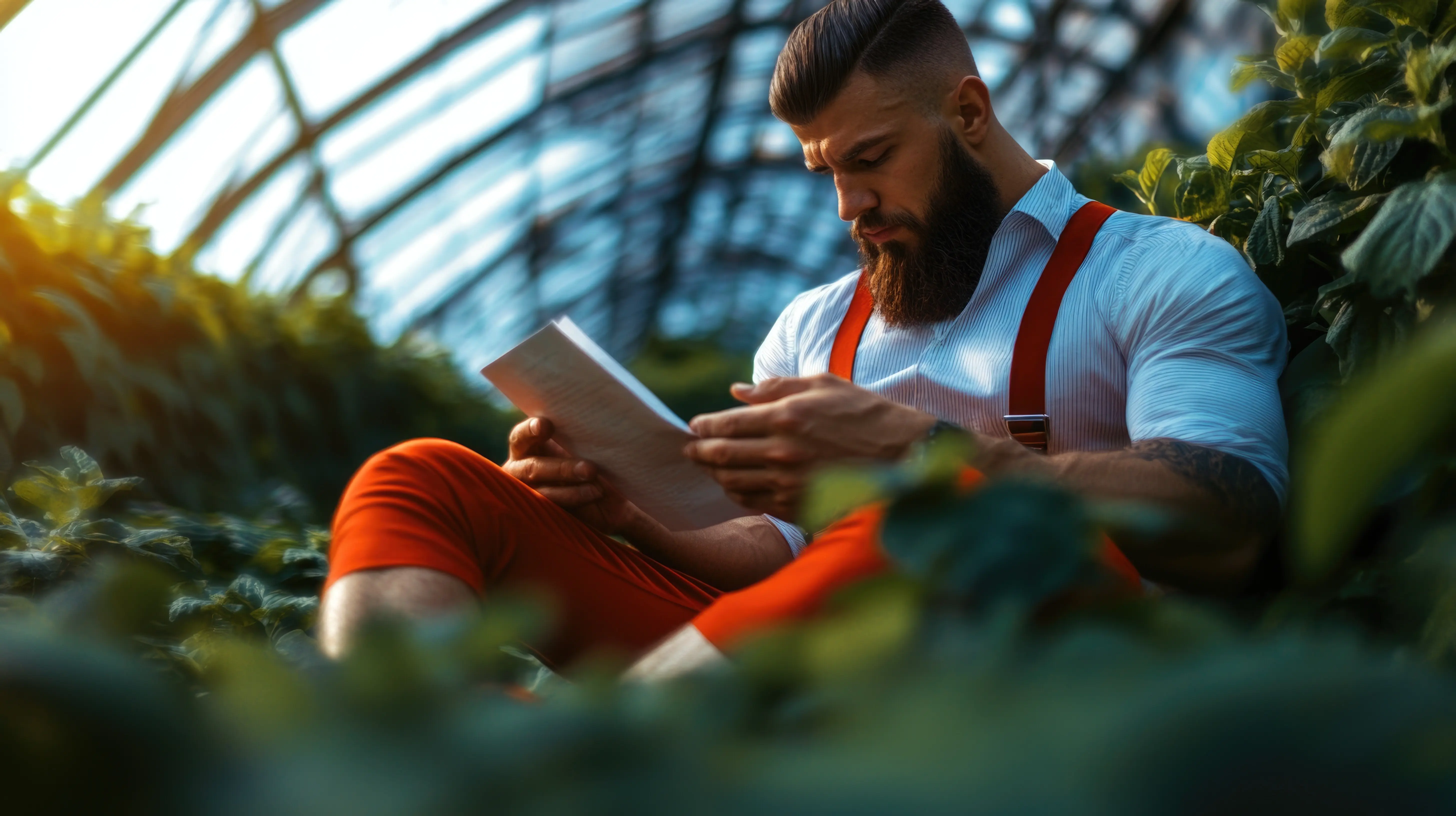A young Caucasian male is reading a book in a greenhouse, surrounded by plants.