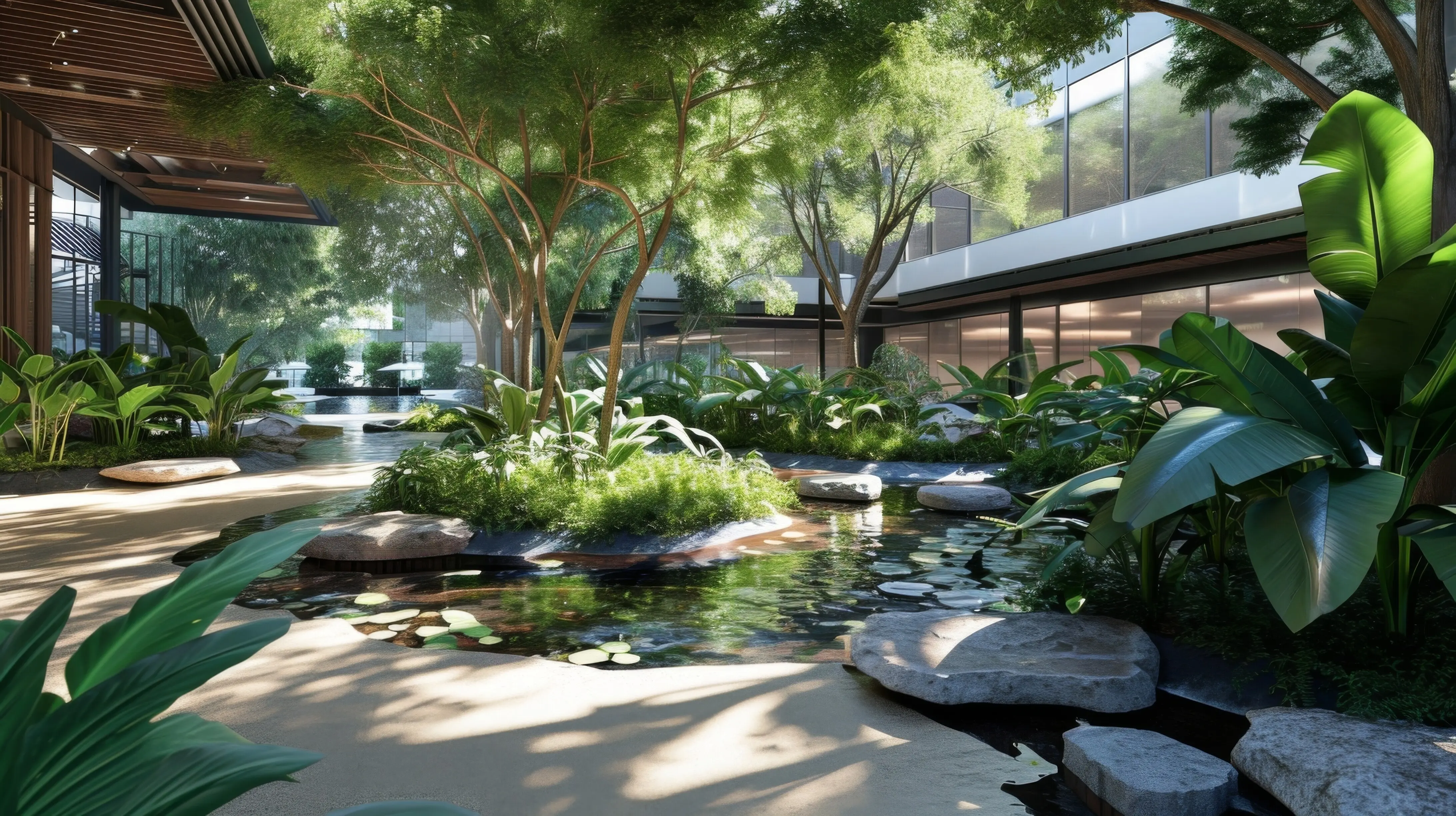 Imagine entering this beautiful urban oasis with tranquil water features and verdant gardens.