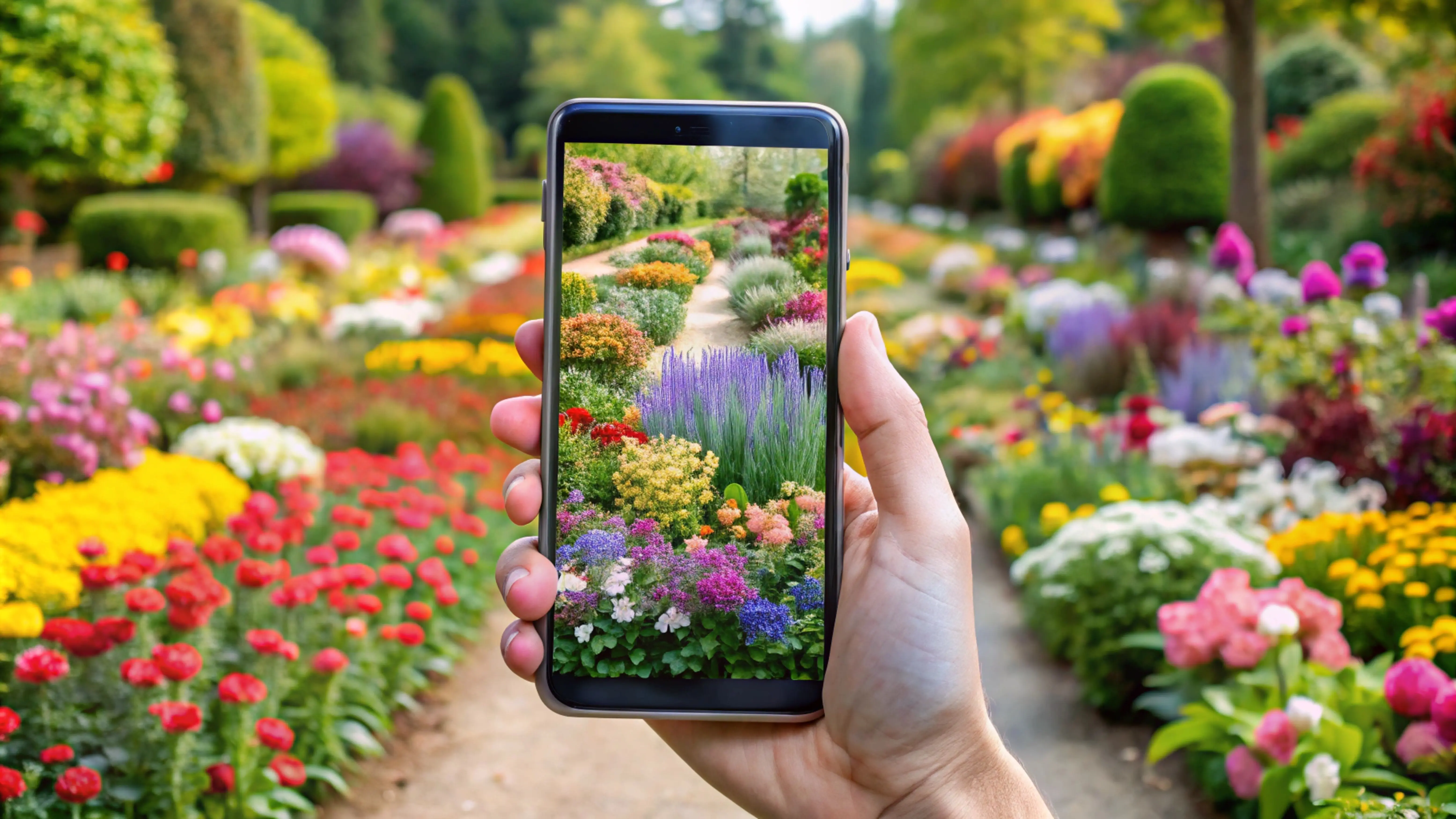 A hand holds a phone displaying a picture of flowers.